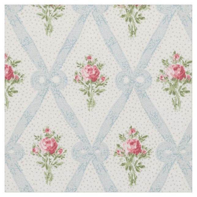 Pink Victorian Roses w/Blue Ribbon Lattice Fabric (Close Up)
