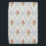 Pink Victorian Roses w/Blue Ribbon Lattice iPad Pro Cover<br><div class="desc">Pretty Victorian pink rose bouquets with diagonal lattice of pale blue ribbons and bows on soft eggshell background with subtle gray dots. Design is seamless and scalable.</div>