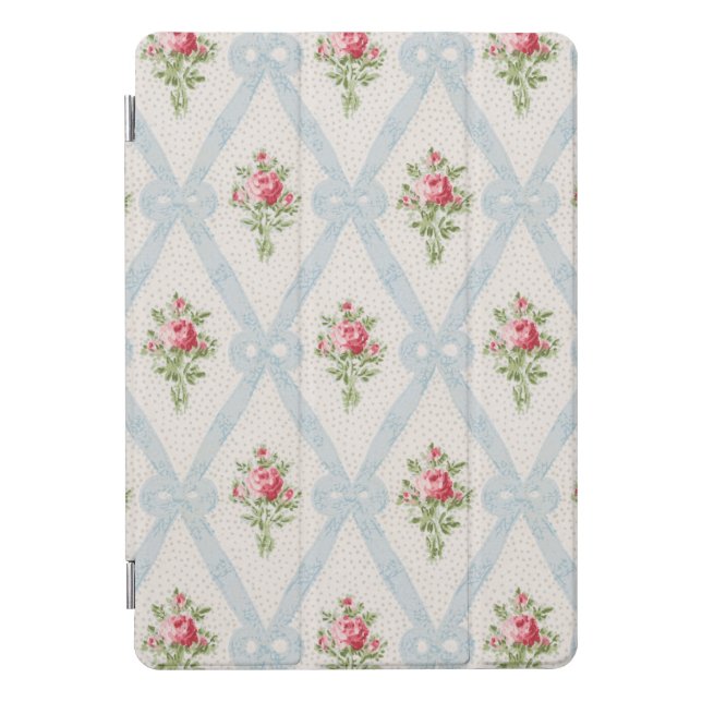 Pink Victorian Roses w/Blue Ribbon Lattice iPad Pro Cover (Front)