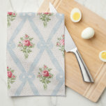 Pink Victorian Roses w/Blue Ribbon Lattice Kitchen Towel<br><div class="desc">Pretty Victorian pink rose bouquets with diagonal lattice of pale blue ribbons and bows on soft eggshell background with subtle gray dots. Design is seamless and scalable.</div>