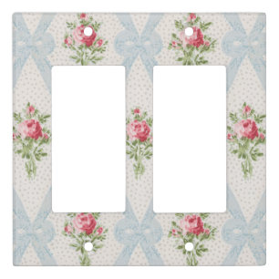 Pink Victorian Roses w/Blue Ribbon Lattice Light Switch Cover