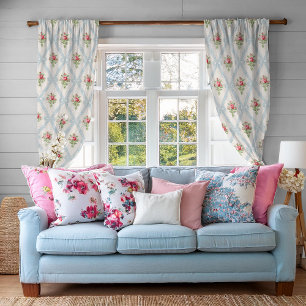 Pink Victorian Roses w/Blue Ribbon Lattice Sheer Curtains