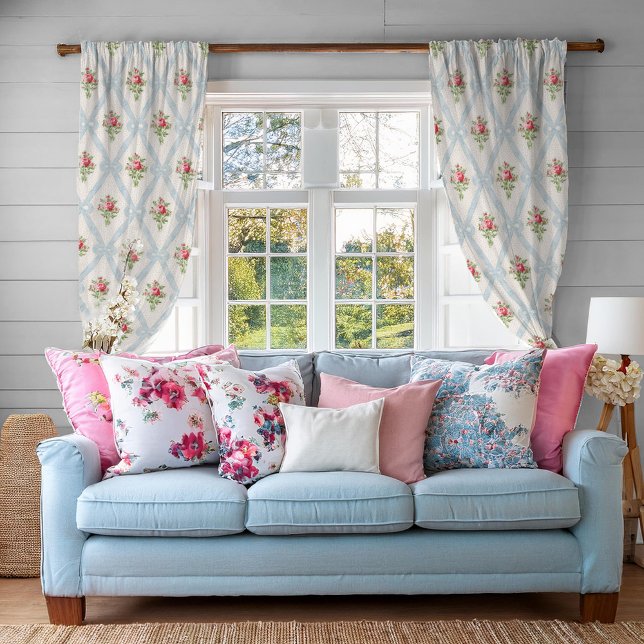 Pink Victorian Roses w/Blue Ribbon Lattice Sheer Curtains (Creator Uploaded)