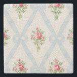 Pink Victorian Roses w/Blue Ribbon Lattice Stone Coaster<br><div class="desc">Pretty Victorian pink rose bouquets with diagonal lattice of pale blue ribbons and bows on soft eggshell background with subtle gray dots. Design is seamless and scalable.</div>