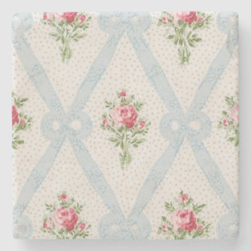 Pink Victorian Roses wBlue Ribbon Lattice Stone Coaster