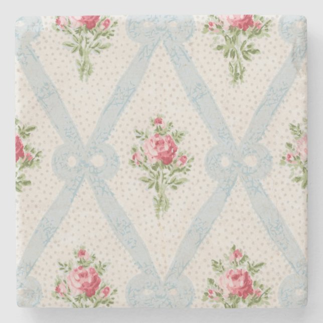 Pink Victorian Roses w/Blue Ribbon Lattice Stone Coaster (Front)