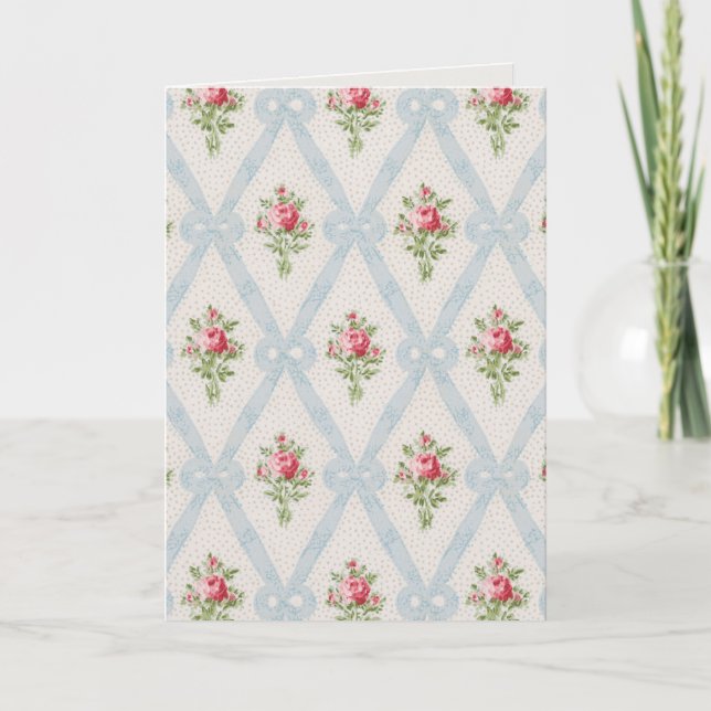 Pink Victorian Roses w/Blue Ribbon Lattice Thank You Card (Front)