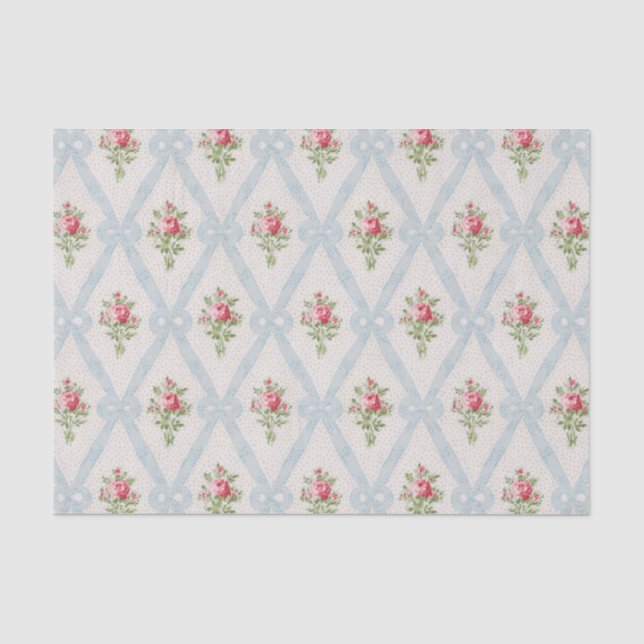 Pink Victorian Roses w/Blue Ribbon Lattice Tissue Paper (Front)