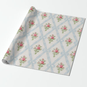 Pink Victorian Roses w/Blue Ribbon Lattice Wrapping Paper