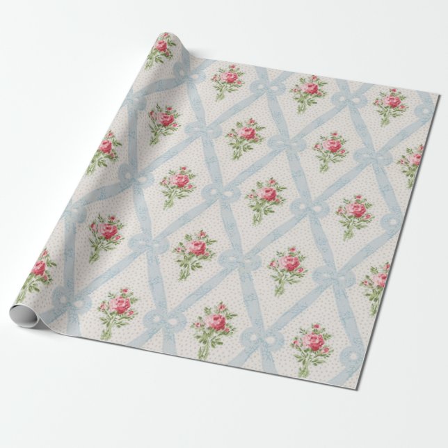 Pink Victorian Roses w/Blue Ribbon Lattice Wrapping Paper (Unrolled)