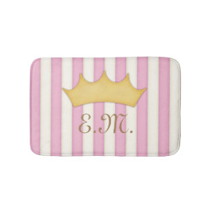 Pink Victorian Stripes Crowned Monogram Princess Bath Mat