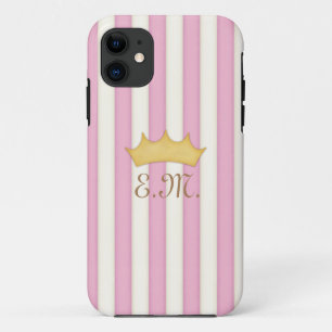 Pink Victorian Stripes Crowned Monogram Princess iPhone 11 Case