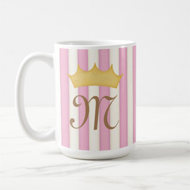 Pink Victorian Stripes Crowned Monogram Princess Coffee Mug (Left)
