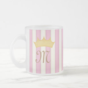 Pink Victorian Stripes Crowned Monogram Princess Frosted Glass Coffee Mug
