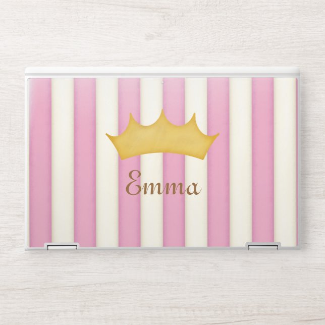 Pink Victorian Stripes Crowned Monogram Princess HP Laptop Skin (Front)