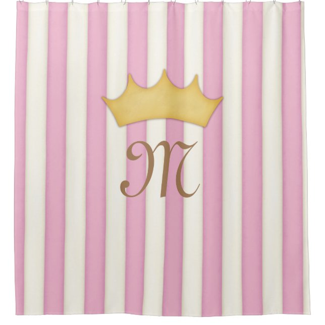 Pink Victorian Stripes Crowned Monogram Princess Shower Curtain (Front)