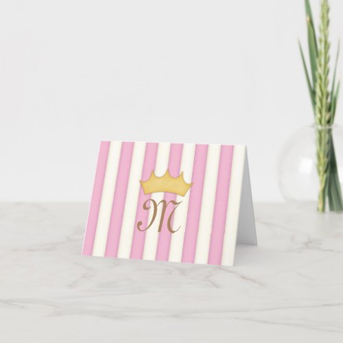 Pink Victorian Stripes Crowned Monogram Thank You Card