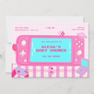 Pink video game retro baby shower invitation