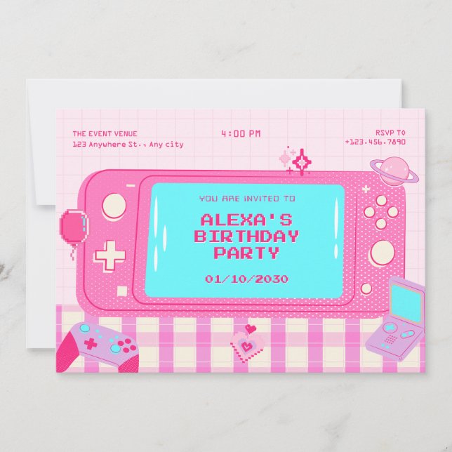 Pink video game retro birthday invitation (Front)