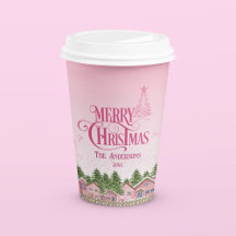 Pink Village Merry Christmas Party Paper Cup