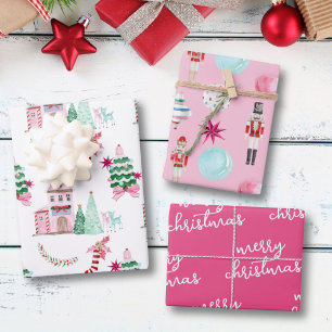 Pink Village Vintage Christmas Wrapping Paper Sheets