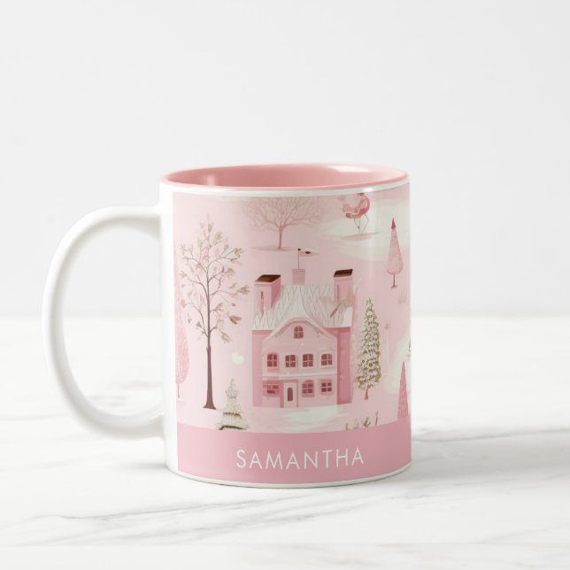 Pink Village Winter Christmas Mug (Left)