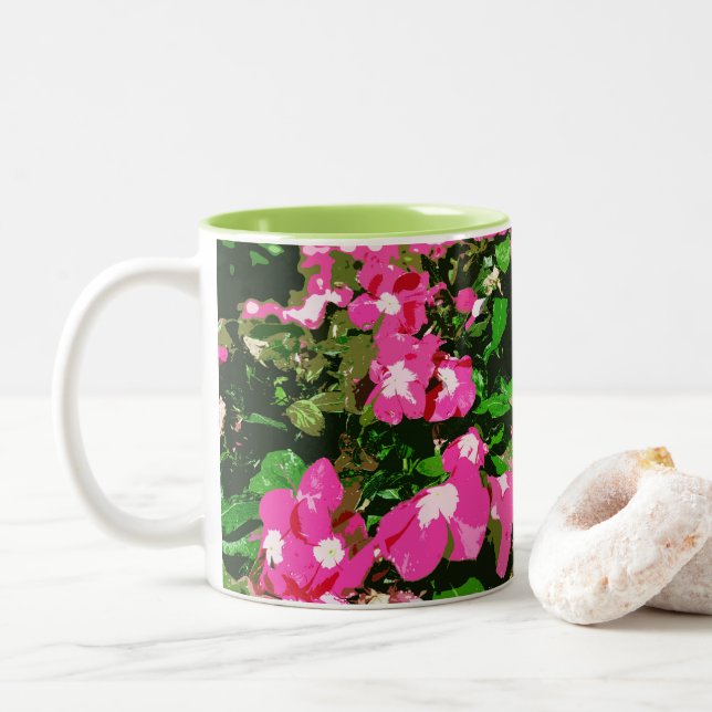 Pink Vinca Flower Two-Tone Coffee Mug (With Donut)