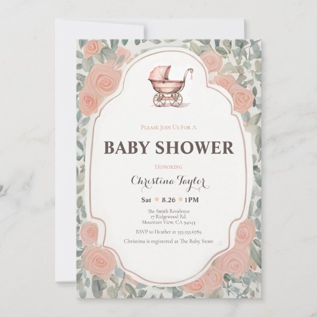 Pink Vintage Antique Rose Stroller Baby Shower Invitation (Front)