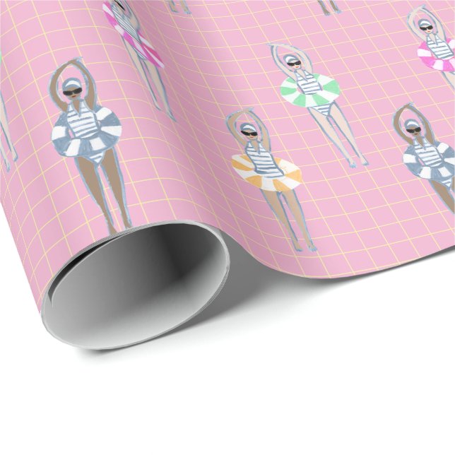 Pink Vintage Artistic Swimmers Pool Wrapping Paper (Roll Corner)