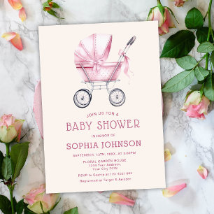 Pink Vintage Baby Carriage Baby Shower Invitation