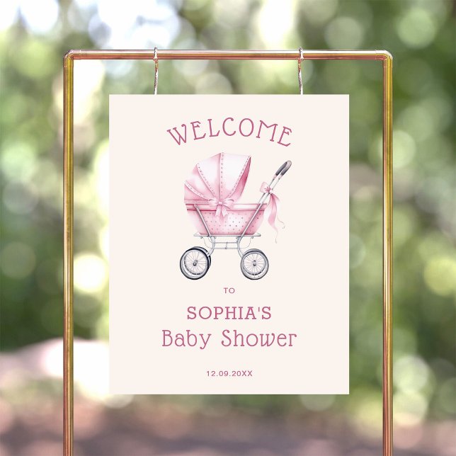 Pink Vintage Baby Carriage Baby Shower Welcome  Poster (Creator Uploaded)