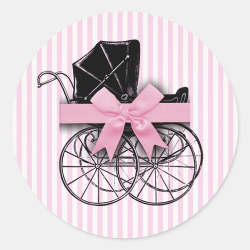 Pink Vintage Baby Carriage Pram with Ribbon Classic Round Sticker