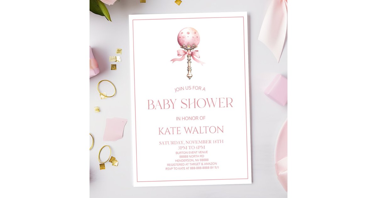 Pink Vintage Baby Rattle Toy Nursery Baby Shower Invitation | Zazzle