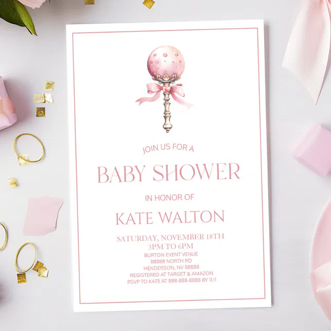 Pink Vintage Baby Rattle Toy Nursery Baby Shower Invitation | Zazzle