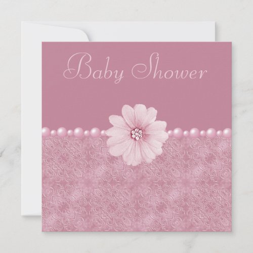Pink Vintage Baby Shower Bling Flowers  Pearls Invitation