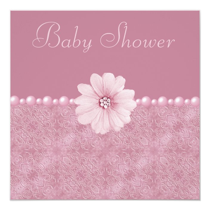 Pink Vintage Baby Shower Bling Flowers Pearls Invitation Zazzle