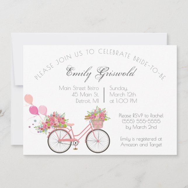 Pink Vintage Bicycle Floral Bridal Shower  Invitation (Front)
