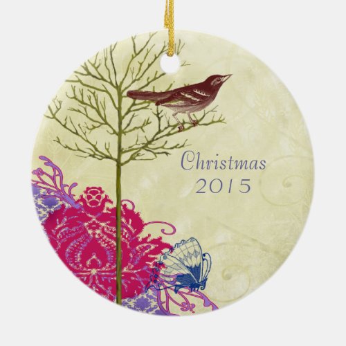 Pink Vintage Bird Christmas Couple Photo Ornament