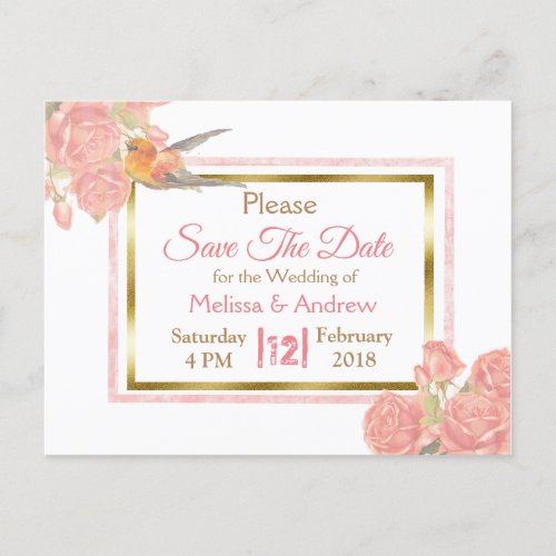 PInk Vintage Bird  Floral Wedding Save the Date Announcement Postcard