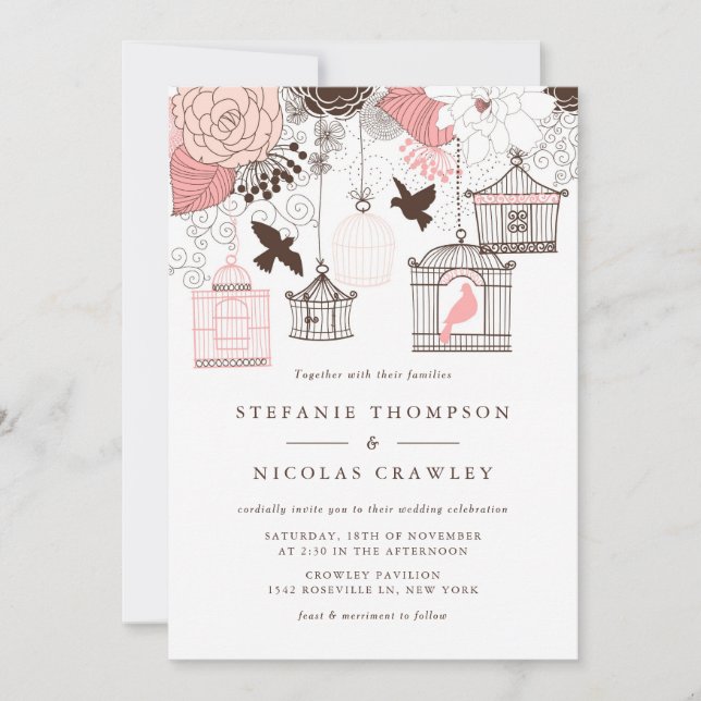 Pink Vintage Birdcages Floral Wedding Invitation (Front)