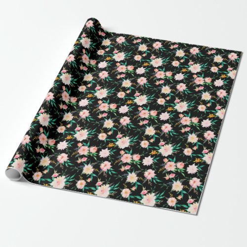 Pink Vintage Black White Floral Watercolor Pattern Wrapping Paper