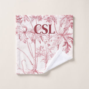 Pink Vintage Botanical Art Monogram Wash Cloth