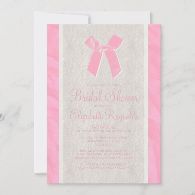 Pink Vintage Bow & Linen Bridal Shower Invitations (Front)