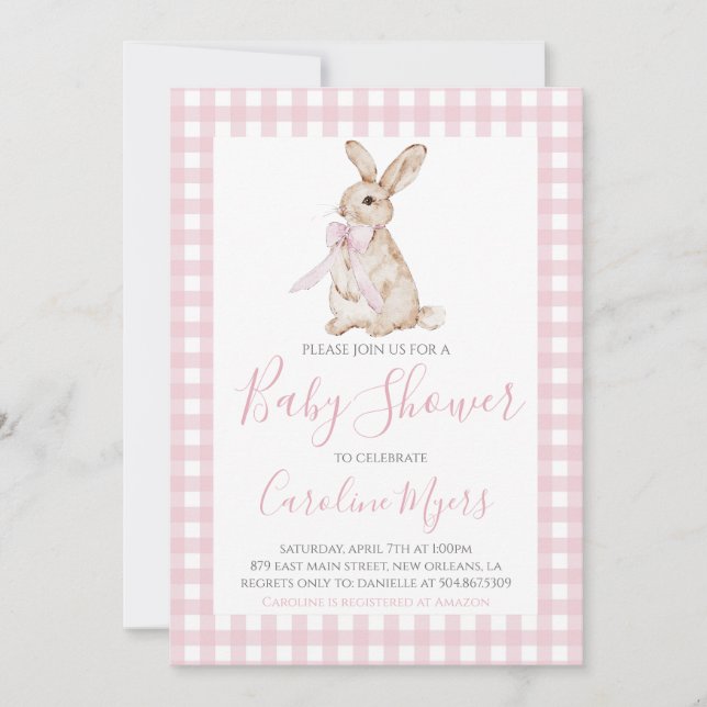 Pink Vintage Bunny Rabbit Bow Baby Girl Shower Invitation (Front)