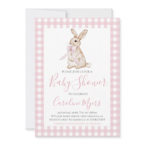 Pink Vintage Bunny Rabbit Bow Baby Girl Shower Invitation