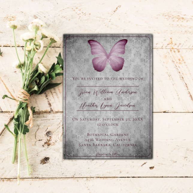 Pink Vintage Butterfly Damask Wedding Invitation (Pink Vintage Butterfly Damask Wedding Invitation)