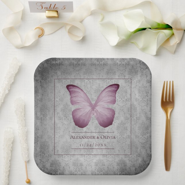 Pink Vintage Butterfly Damask Wedding Paper Plates (Wedding)