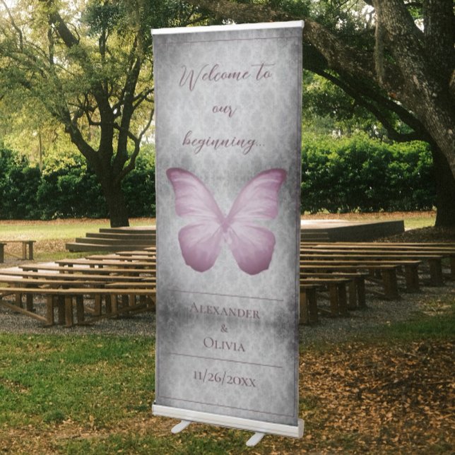 Pink Vintage Butterfly Damask Wedding Retractable Banner (Pink Vintage Butterfly Damask Wedding Welcome Banner)