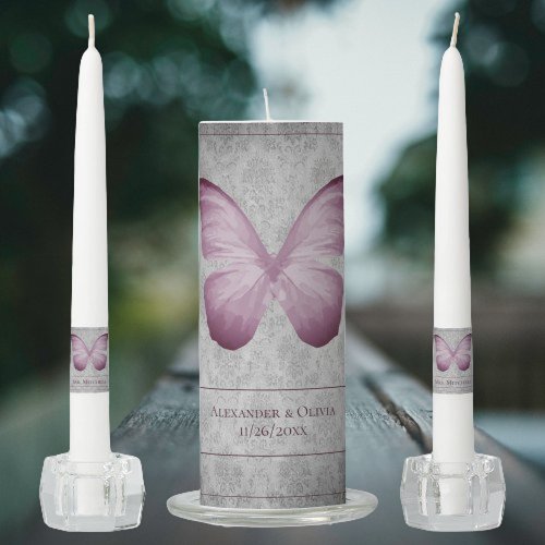 Pink Vintage Butterfly Damask Wedding Unity Candle Set