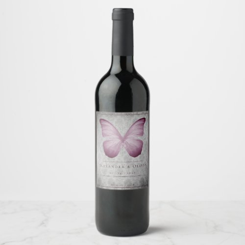 Pink Vintage Butterfly Damask Wedding Wine Label